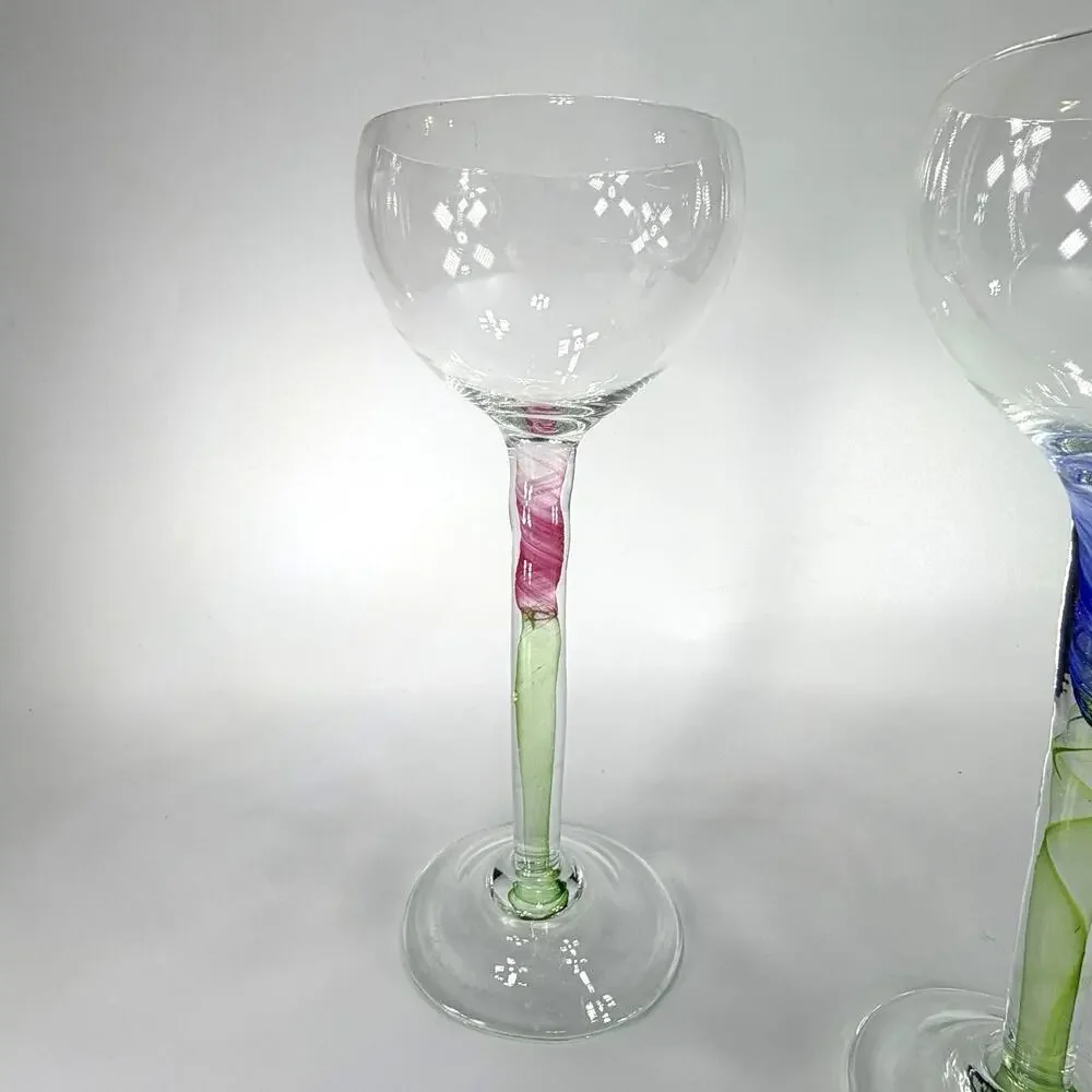 Set 2 Chris Baker Salmon Art Glass Wine Glass Pink Blue Swirl Signed 8.5